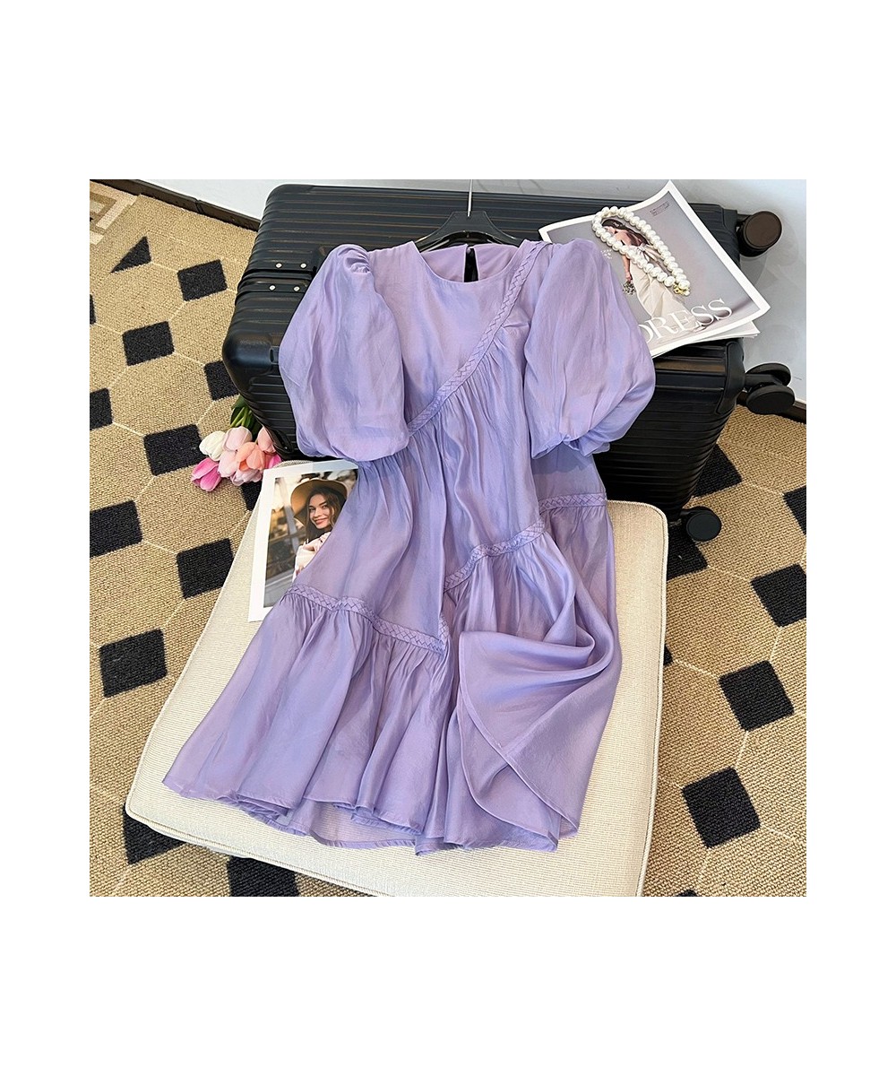 2023 Summer Women's Purple Short Bubble Sleeve Round Neck Elegant Dresses Spring Casual Loose Mini Dresses Ladies Clothing $5...