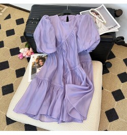 2023 Summer Women's Purple Short Bubble Sleeve Round Neck Elegant Dresses Spring Casual Loose Mini Dresses Ladies Clothing $5...