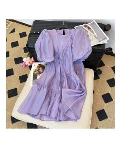 2023 Summer Women's Purple Short Bubble Sleeve Round Neck Elegant Dresses Spring Casual Loose Mini Dresses Ladies Clothing $5...