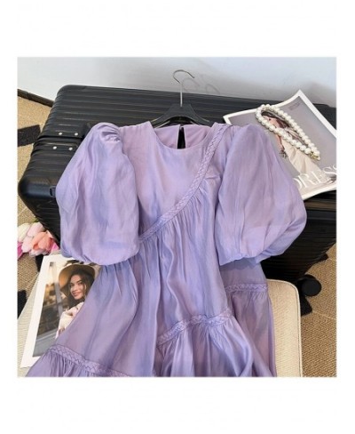 2023 Summer Women's Purple Short Bubble Sleeve Round Neck Elegant Dresses Spring Casual Loose Mini Dresses Ladies Clothing $5...