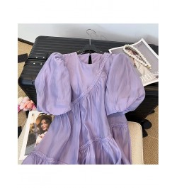 2023 Summer Women's Purple Short Bubble Sleeve Round Neck Elegant Dresses Spring Casual Loose Mini Dresses Ladies Clothing $5...