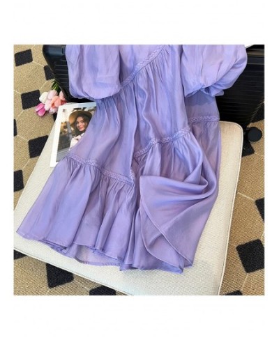 2023 Summer Women's Purple Short Bubble Sleeve Round Neck Elegant Dresses Spring Casual Loose Mini Dresses Ladies Clothing $5...