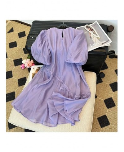 2023 Summer Women's Purple Short Bubble Sleeve Round Neck Elegant Dresses Spring Casual Loose Mini Dresses Ladies Clothing $5...