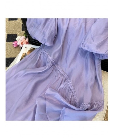 2023 Summer Women's Purple Short Bubble Sleeve Round Neck Elegant Dresses Spring Casual Loose Mini Dresses Ladies Clothing $5...