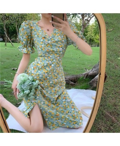 Short Puff Sleeve Dress Women Brisk V-neck Holiday Mid-calf French Shirring Summer Side Split Tunic Tender Fairy Flower Chic ...