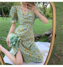 Short Puff Sleeve Dress Women Brisk V-neck Holiday Mid-calf French Shirring Summer Side Split Tunic Tender Fairy Flower Chic ...