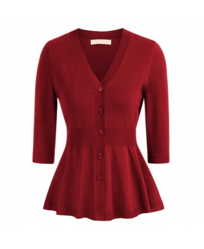 Women Vintage Defined Waist Cardigan Sweater 3/4 V-Neck Button-Up V-neck Slim Fit Knitwear Female Tops $43.81 - Sweaters