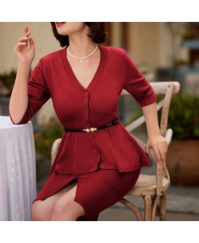 Women Vintage Defined Waist Cardigan Sweater 3/4 V-Neck Button-Up V-neck Slim Fit Knitwear Female Tops $43.81 - Sweaters