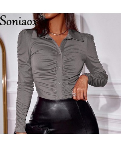 2022 Autumn Fashion Solid Color Folds Women Blouse Slim Fit Shirts Women's Casual Long Sleeve POLO Collar Ladies Commute Tops...