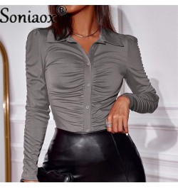 2022 Autumn Fashion Solid Color Folds Women Blouse Slim Fit Shirts Women's Casual Long Sleeve POLO Collar Ladies Commute Tops...