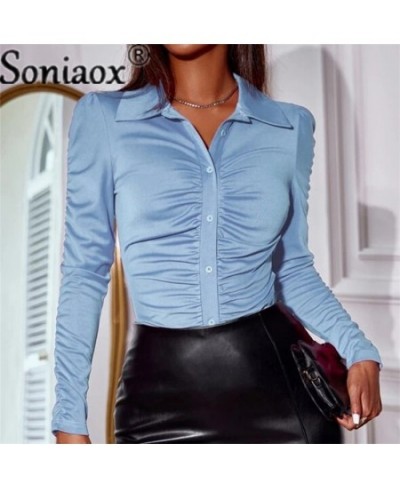 2022 Autumn Fashion Solid Color Folds Women Blouse Slim Fit Shirts Women's Casual Long Sleeve POLO Collar Ladies Commute Tops...