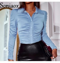 2022 Autumn Fashion Solid Color Folds Women Blouse Slim Fit Shirts Women's Casual Long Sleeve POLO Collar Ladies Commute Tops...