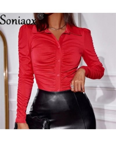 2022 Autumn Fashion Solid Color Folds Women Blouse Slim Fit Shirts Women's Casual Long Sleeve POLO Collar Ladies Commute Tops...