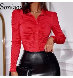 2022 Autumn Fashion Solid Color Folds Women Blouse Slim Fit Shirts Women's Casual Long Sleeve POLO Collar Ladies Commute Tops...