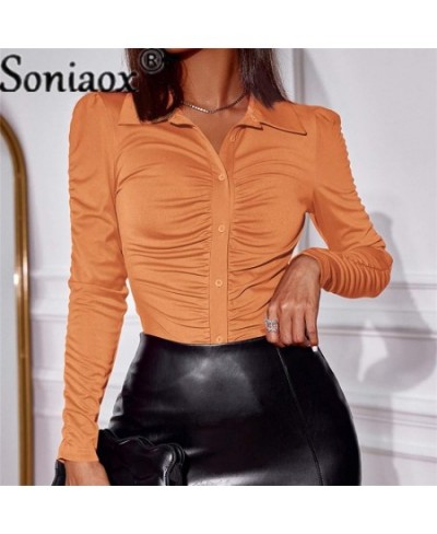 2022 Autumn Fashion Solid Color Folds Women Blouse Slim Fit Shirts Women's Casual Long Sleeve POLO Collar Ladies Commute Tops...