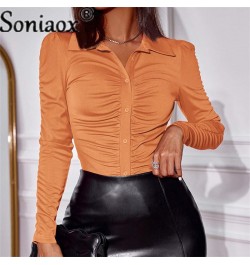 2022 Autumn Fashion Solid Color Folds Women Blouse Slim Fit Shirts Women's Casual Long Sleeve POLO Collar Ladies Commute Tops...