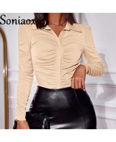 2022 Autumn Fashion Solid Color Folds Women Blouse Slim Fit Shirts Women's Casual Long Sleeve POLO Collar Ladies Commute Tops...