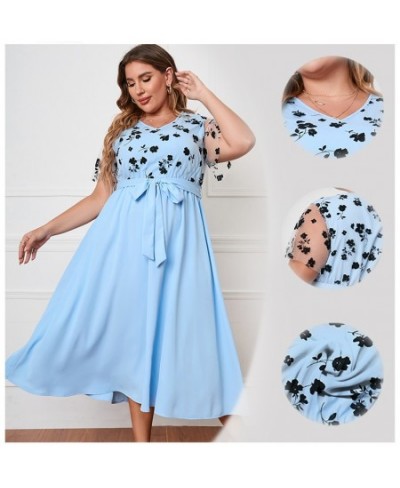 3XL 4XL Plus Size Women Clothing Lace Short Sleeve Long Dress Summer V-Neck Belt Blue Floral Print Lady Big Size Dresses $45....