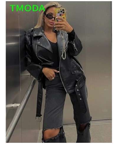 Spring Autumn Faux Leather Jackets Women Loose Casual Coat Female Drop-shoulder Motorcycles Locomotive Outwear With Belt $66....