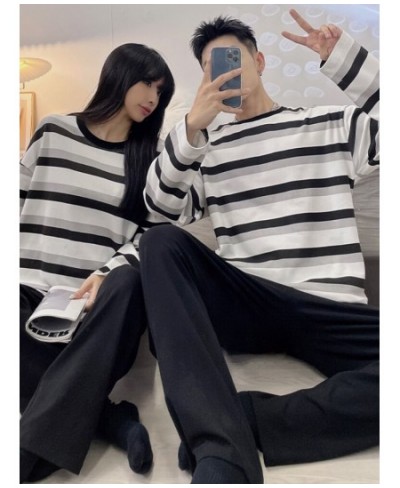 2PCS Long Sleeve Cotton Couple Pajamas Set Women Sleepwear Family Pijama Stripe Homewear Trousers Women Casual Men Pyjamas $3...