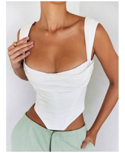 White Boned Corset Top Cut out Ruched Double Layers Elastic Pads Zip Off Shoulder Tank Top Summer Sexy Fashion Top Women $30....