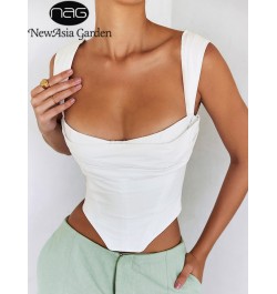 White Boned Corset Top Cut out Ruched Double Layers Elastic Pads Zip Off Shoulder Tank Top Summer Sexy Fashion Top Women $30....