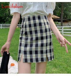 Vintage Black Plaid Skirts Preppy Summer Women 2023 Kawaii Sweet Fashion Split Bodycon Pencil High Waist Girl Basic Mini Skir...