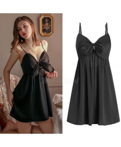 Women Balck Satin Nightgownbackless Lace-Up Nightdress Cute Bow Underwear Homedress Sexy V-Neck Sleepwear Bathrobe Gown $32.0...