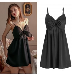 Women Balck Satin Nightgownbackless Lace-Up Nightdress Cute Bow Underwear Homedress Sexy V-Neck Sleepwear Bathrobe Gown $32.0...