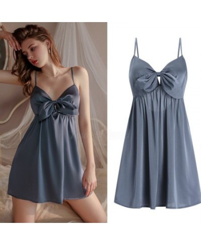 Women Balck Satin Nightgownbackless Lace-Up Nightdress Cute Bow Underwear Homedress Sexy V-Neck Sleepwear Bathrobe Gown $32.0...