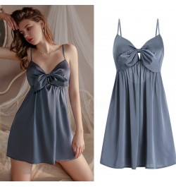 Women Balck Satin Nightgownbackless Lace-Up Nightdress Cute Bow Underwear Homedress Sexy V-Neck Sleepwear Bathrobe Gown $32.0...