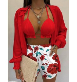 2022 New Red Print High Waist Bikini Sets Swimsuit Women Sexy Lace Up Three Pieces Swimwear Beachwear For Bathing Suit $37.64...