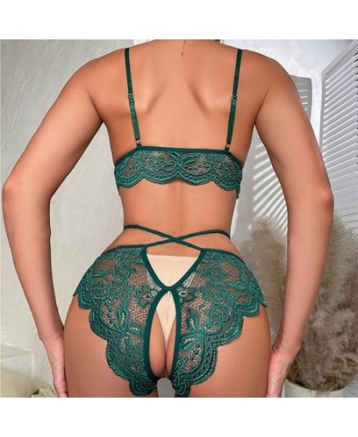 Sexy Crotchless Green Lingerie Women Lace Hollow Bra Set Erotic Costumes Teddy Baby Doll Dress Deep V Open Bra Underwear Set ...