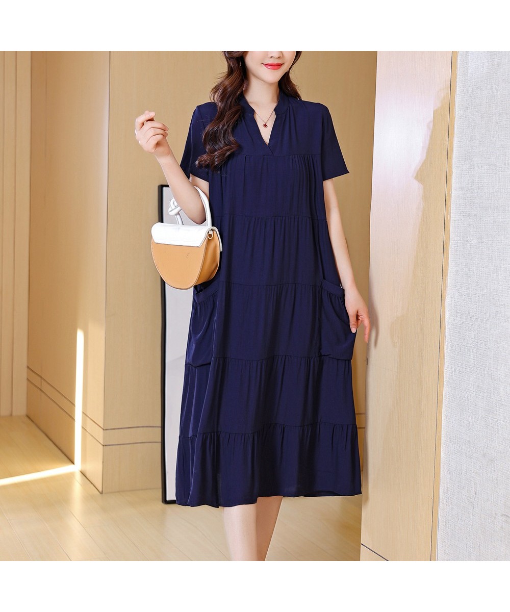 New Fashion 2023 Vintage Loose Solid Summer Dresses For Womon Plus Size Casual Elegant V-Neck Dress Women Clothing $32.78 - D...