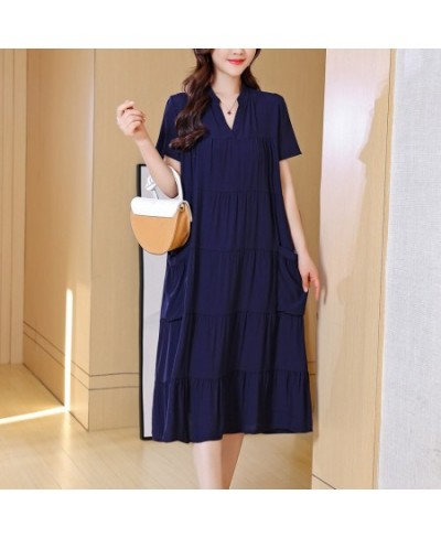 New Fashion 2023 Vintage Loose Solid Summer Dresses For Womon Plus Size Casual Elegant V-Neck Dress Women Clothing $32.78 - D...