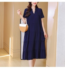 New Fashion 2023 Vintage Loose Solid Summer Dresses For Womon Plus Size Casual Elegant V-Neck Dress Women Clothing $32.78 - D...