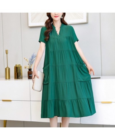 New Fashion 2023 Vintage Loose Solid Summer Dresses For Womon Plus Size Casual Elegant V-Neck Dress Women Clothing $32.78 - D...