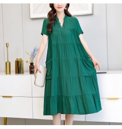 New Fashion 2023 Vintage Loose Solid Summer Dresses For Womon Plus Size Casual Elegant V-Neck Dress Women Clothing $32.78 - D...