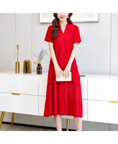 New Fashion 2023 Vintage Loose Solid Summer Dresses For Womon Plus Size Casual Elegant V-Neck Dress Women Clothing $32.78 - D...