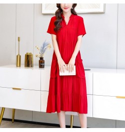 New Fashion 2023 Vintage Loose Solid Summer Dresses For Womon Plus Size Casual Elegant V-Neck Dress Women Clothing $32.78 - D...