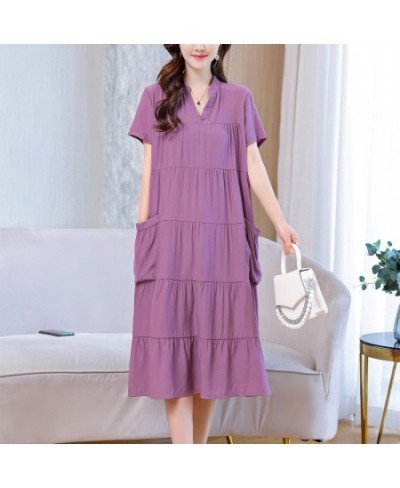 New Fashion 2023 Vintage Loose Solid Summer Dresses For Womon Plus Size Casual Elegant V-Neck Dress Women Clothing $32.78 - D...