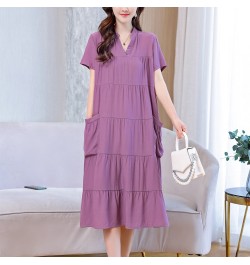 New Fashion 2023 Vintage Loose Solid Summer Dresses For Womon Plus Size Casual Elegant V-Neck Dress Women Clothing $32.78 - D...