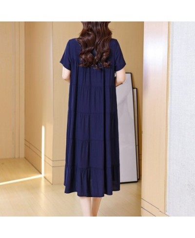 New Fashion 2023 Vintage Loose Solid Summer Dresses For Womon Plus Size Casual Elegant V-Neck Dress Women Clothing $32.78 - D...