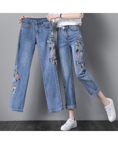 Straight Jeans Women's Summer Thin Section Loose High Waist Embroidered Ethnic Style with Flower Tide Straight Pants Trousers...