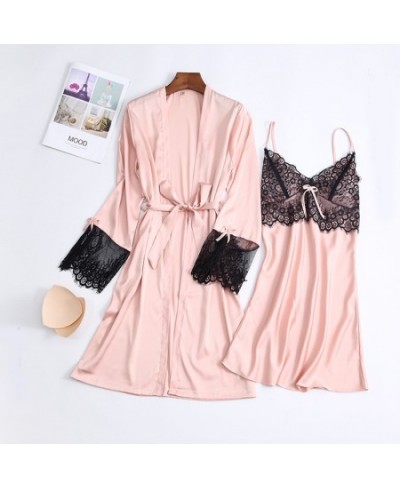 Lace Satin Women Nighty&Robe Gown Sets V-Neck 2 PCS Bathrobe Sleepwear Spring Nightdress Kimono Lounge Sleep Nightgown Homewe...