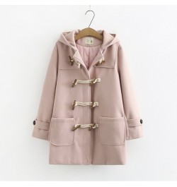 Double Row Horn Buckle Wool Coat Women Long Coat Spring Autumn Clothing Loose size Hooded Woolen Coats Manteau Femme 569 $87....