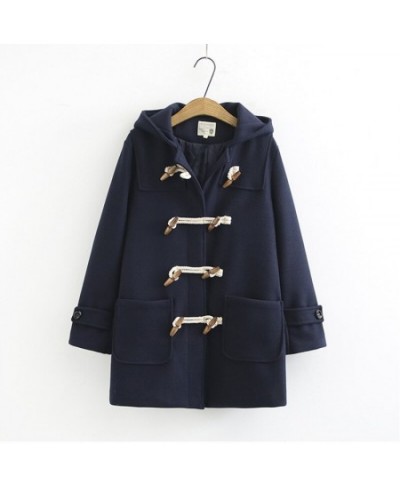 Double Row Horn Buckle Wool Coat Women Long Coat Spring Autumn Clothing Loose size Hooded Woolen Coats Manteau Femme 569 $87....