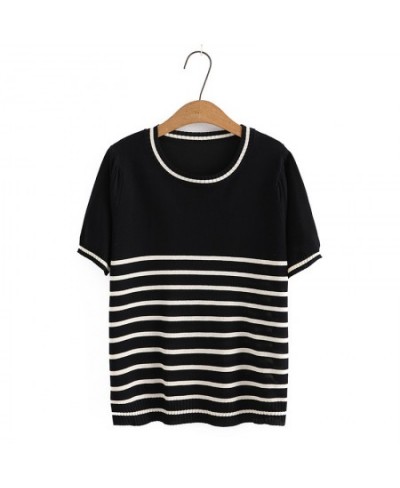 Plus Size Basic T-Shirt Women 2023 Summer Ice Silk Knit O-Neck Tees Slim Stripes Short Sleeve Tops Oversized Curve Clothes $4...
