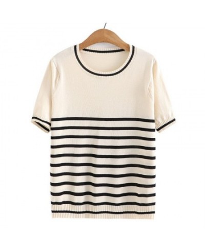 Plus Size Basic T-Shirt Women 2023 Summer Ice Silk Knit O-Neck Tees Slim Stripes Short Sleeve Tops Oversized Curve Clothes $4...