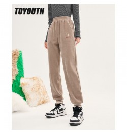 Women Thick Pants 2022 Winter Elastic Waist Straight Loose Trousers Textured Fabric Embroidery Warm Casual Long Pants $53.74 ...